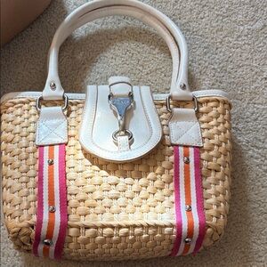 Chaps Straw Woven Handbag with White Leather Trim and Pink-Orange Strap details